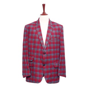 Mens Blazer, Red Teal Orange Plaid Wool, Dress Formal Party Jacket, Groom Wedding, Evening Dinner Sport Coat, Tuxedo Suit, Handmade 46R