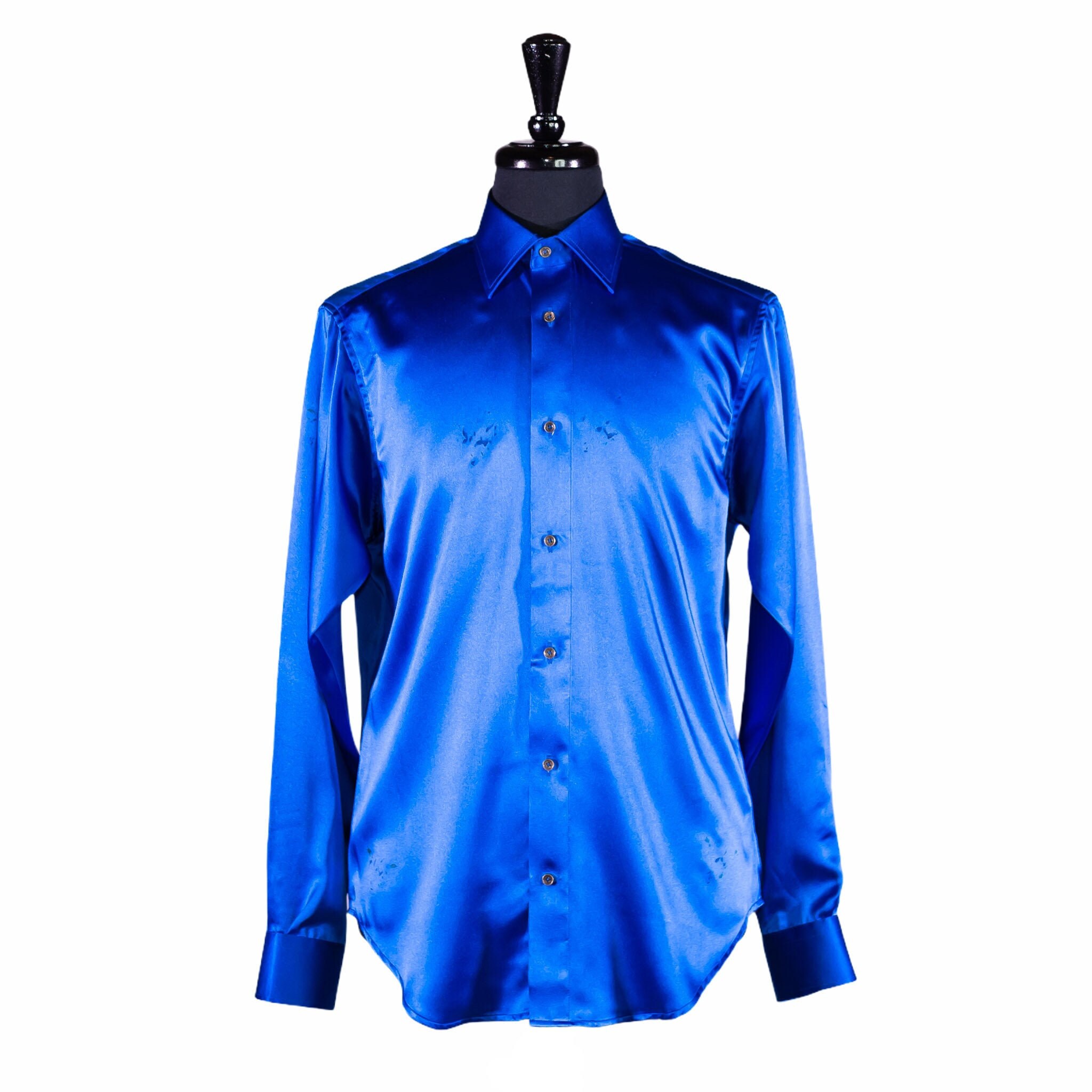 Men's Button Up Shirt Royal Blue Silk Long Sleeve Etsy