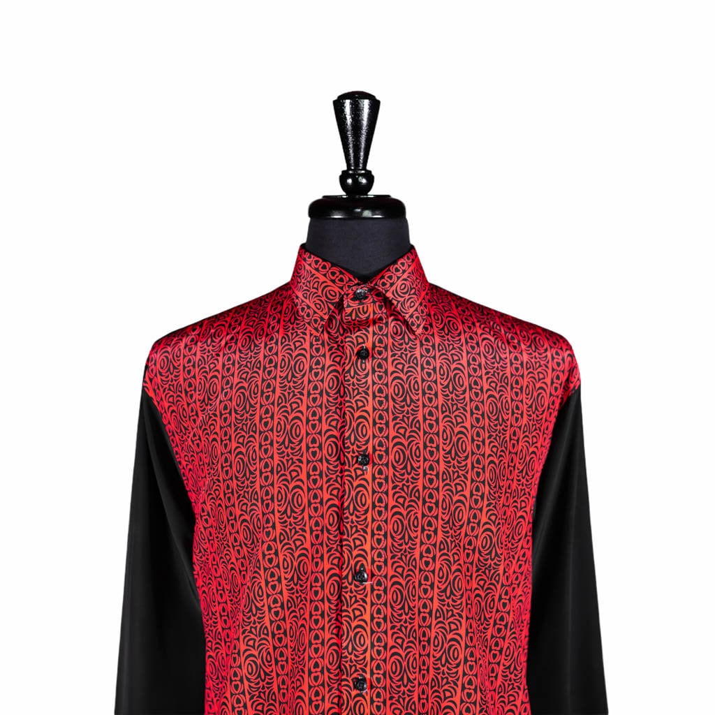 Mens Silk Shirt Red Black Hearts Print Contrast Long Sleeve Etsy