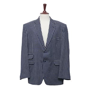 Mens Blazer, Navy Blue White Check Wool, Dress Formal Party Jacket, Groom Wedding, Evening Dinner Sport Coat, Tuxedo Suit, Handmade 48R