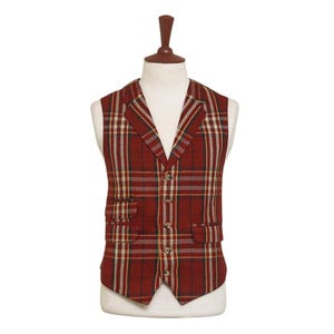 Mens Plaid Vest 44R Burgundy Yellow Wool Waistcoat XL Formal Wedding Groom Party Business Casual Office Preppy Christmas Holiday Gift Idea