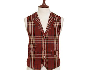 Men’s 44R Burgundy Yellow Plaid Wool Waistcoat Wedding Groom Formal Vest