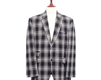 May include: A black and white plaid blazer with a single button closure.