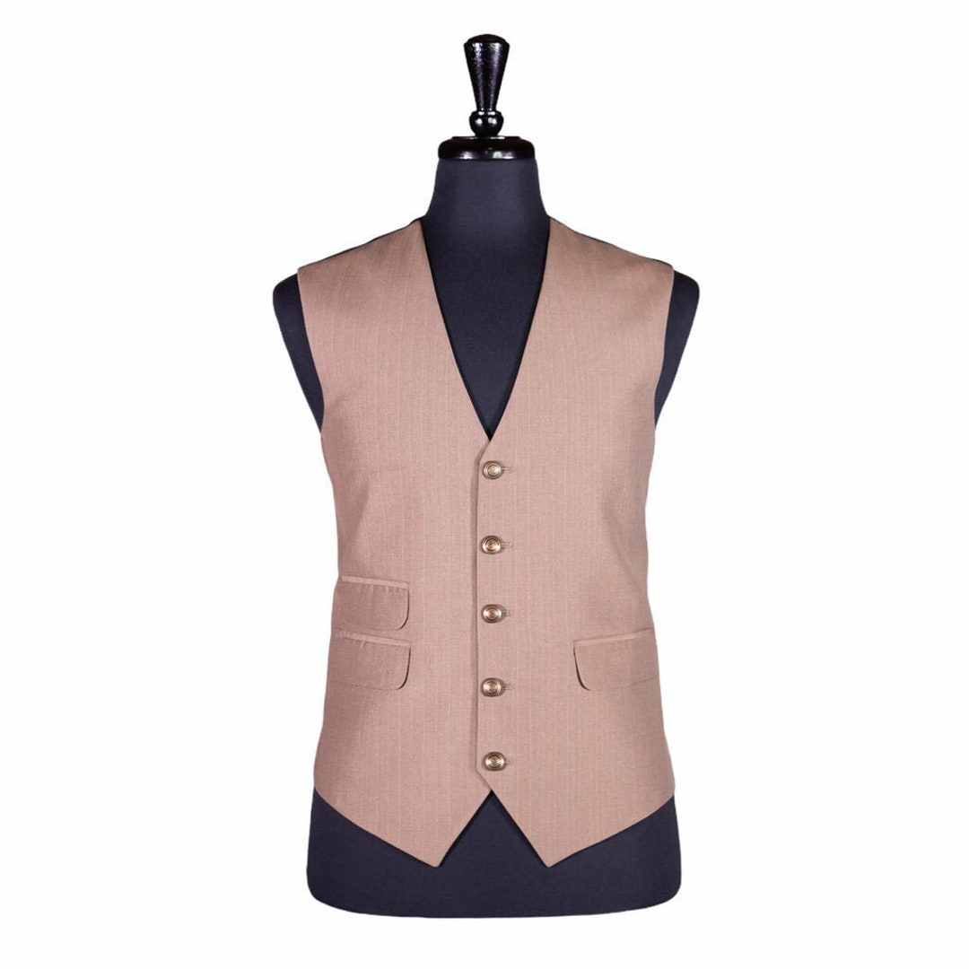 Mens Vest, Beige Brown Striped Wool, Formal Tuxedo Suit Waistcoat