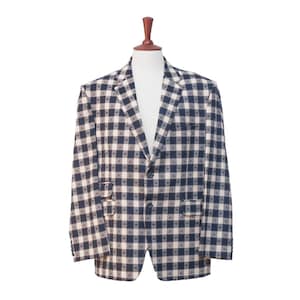 Mens Blazer, Blue Beige Plaid Check Cotton, Dress Formal Party Jacket, Groom Wedding, Evening Dinner Sport Coat, Tuxedo Suit, Handmade 48R
