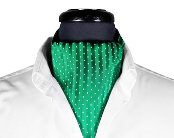 Ascot Cravat, Silk Tie, Green White Polka Dot, Groom Wedding Necktie, Victorian Edwardian, Theater Costume, Dress Formal, Neckerchief Scarf