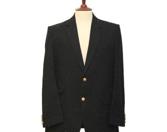 Mens Blazer, Black Beaded 100% Wool, Dress Formal Party Jacket, Groom Wedding, Evening Dinner Sport Coat, Tuxedo Suit, Handmade 44R
