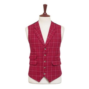 Mens Plaid Vest 44R Burgundy Red Check Wool Waistcoat XL Formal Wedding Groom Party Business Casual Office Work Christmas Holiday Gift Idea