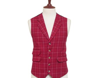 Men’s 44R Burgundy Red Plaid Wool Waistcoat Wedding Groom Formal Vest