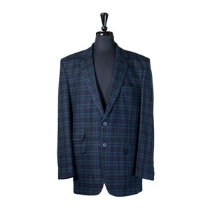 Mens Blazer, Navy Blue Plaid Check Wool, Dress Formal Party Jacket, Groom Wedding, Evening Dinner Sport Coat, Tuxedo Suit, Handmade 44R