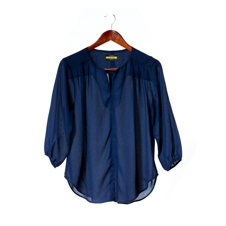 Made in USA Women/'s Casual Blouse Tops for Work 34 Sleeve Split Neck Navy Blue Georgette Fabric Loose Fitting Shirt in Size Medium
