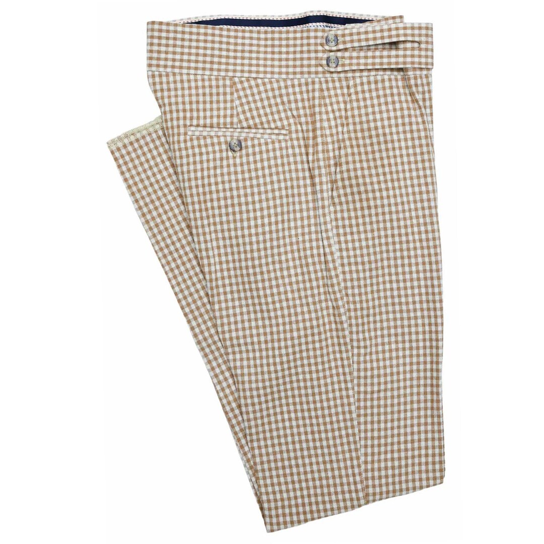 Mens Gurkha Pants, Beige Check Plaid Cotton, Slim Straight High Waist ...