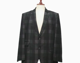 Mens Blazer, Black Green Gray Plaid, Dress Formal Party Jacket, Groom Wedding, Evening Dinner Sport Coat, Tuxedo Suit, Handmade 46R