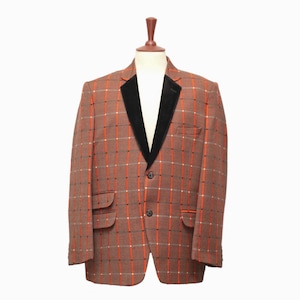 Mens Blazer, Orange Brown Plaid Wool Velvet, Dress Formal Party Jacket, Groom Wedding, Evening Dinner Sport Coat, Tuxedo Suit, Handmade 46R