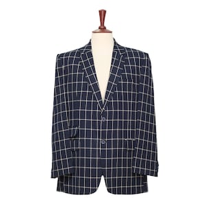 Mens Blazer, Blue White Check Plaid Wool, Dress Formal Party Jacket, Groom Wedding, Evening Dinner Sport Coat, Tuxedo Suit, Handmade 44R