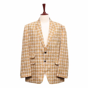 Mens Blazer, Orange Beige Plaid Wool, Dress Formal Party Jacket, Groom Wedding, Evening Dinner Sport Coat, Tuxedo Suit, Handmade 48R