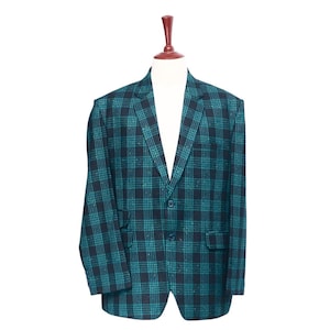Mens Blazer, Blue Green Plaid Wool, Dress Formal Party Jacket, Groom Wedding, Evening Dinner Sport Coat, Tuxedo Suit, Handmade 48R