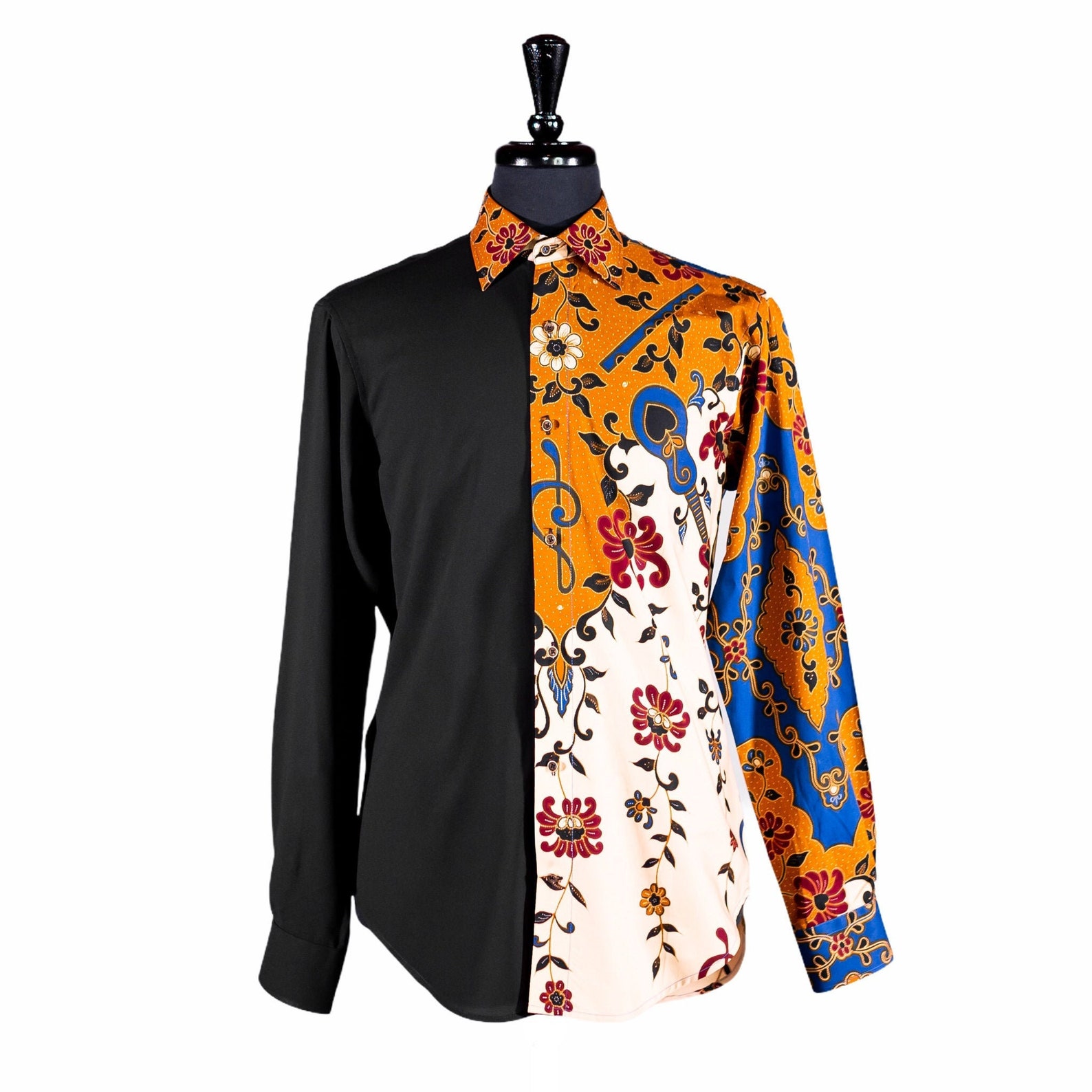 Men's Silk Button Up Shirt Black Floral Guitar Long Etsy