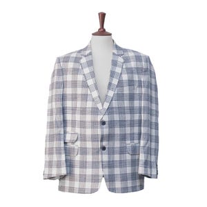 Mens Blazer, Blue White Plaid Check Cotton, Dress Formal Party Jacket, Groom Wedding, Evening Dinner Sport Coat, Tuxedo Suit, Handmade 46R