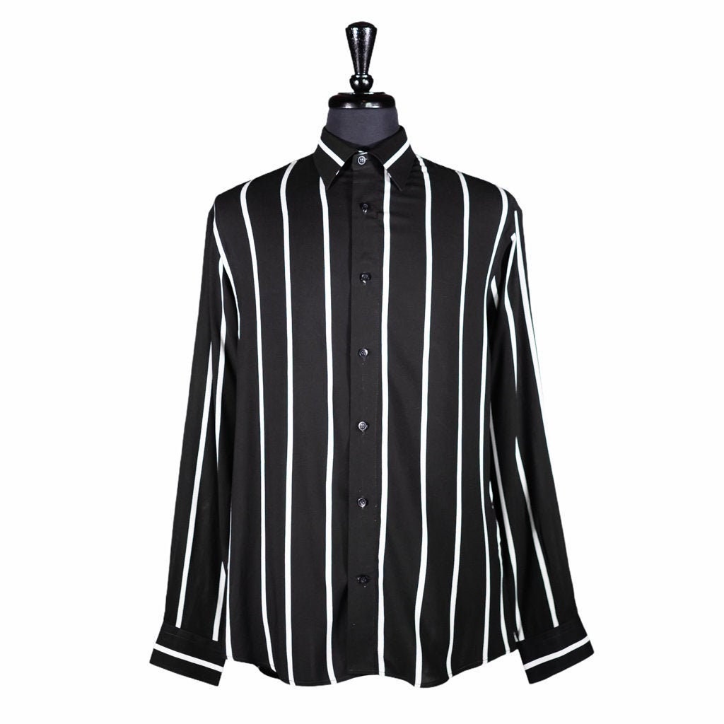 Men's Striped Button Down Shirt Black White Viscose Long Etsy