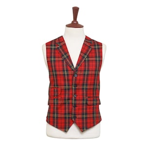 Mens Tartan Vest 44R Red Black Yellow Wool Plaid Waistcoat XL Formal Wedding Groom Party Business Casual Preppy Christmas Holiday Gift Idea