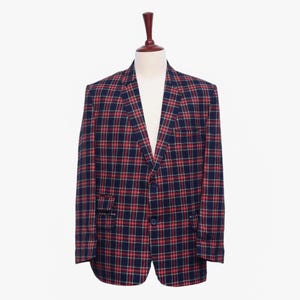 Mens Blazer, Blue Red Tartan Wool, Dress Formal Party Jacket, Groom Wedding, Evening Dinner Sport Coat, Tuxedo Suit, Handmade 46R