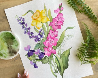 Birth Month Floral Painting - Birth Month Flowers - Watercolor Flowers - Gift for Mom - Flower Art
