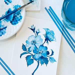 Blue flower painting - monochrome blue watercolor artwork