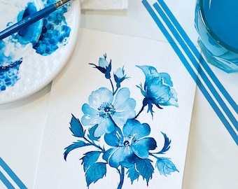 Blue flower painting - monochrome blue watercolor artwork