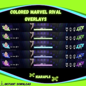 Puede incluir: Gráfico digital con superposiciones de Marvel Rival en color. Las superposiciones incluyen retratos de personajes, barras de salud y estadísticas del juego. El texto incluye "COLORED MARVEL RIVAL OVERLAYS", "KIARAPLS" y "INSTANT DOWNLOAD".
