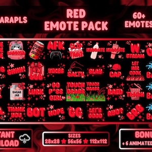 Op de afbeelding: Een rood emote-pakket met meer dan 60 emotes, waaronder zinnen als "Hype", "LOL" en "GG". Het ontwerp bevat verschillende pictogrammen en tekst op een zwarte achtergrond, met de tekst "Red Emote Pack" bovenaan. De afbeelding bevat ook maatopties.