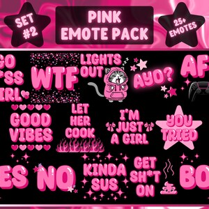 Op de afbeelding: Een roze emote-pakket met meer dan 25 emotes, waaronder zinnen als "WTF", "Good Vibes" en "You Tried". Het pakket bevat een kat in een hoodie, sterren, harten en een gamecontroller op een zwarte achtergrond.