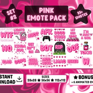 Op de afbeelding: Roze emote-pakket met meer dan 25 emotes, waaronder zinnen als "WTF", "Good Vibes" en "Toxic". Het pakket bevat een kat in een hoodie, een grafsteen en een giffles. De tekst "Direct downloaden" is ook inbegrepen.