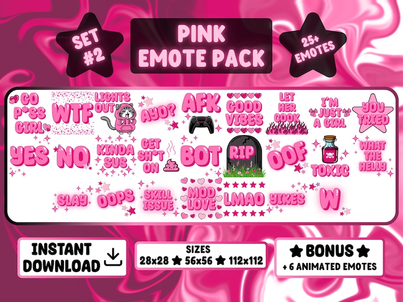 Op de afbeelding: Roze emote-pakket met meer dan 25 emotes, waaronder zinnen als "WTF", "Good Vibes" en "Toxic". Het pakket bevat een kat in een hoodie, een grafsteen en een giffles. De tekst "Direct downloaden" is ook inbegrepen.