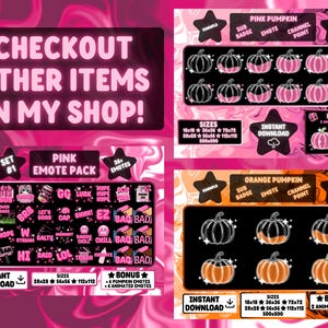 Op de afbeelding: Digitale downloadgraphics met roze en oranje pompoen emotes, sub badges en channel points. De afbeelding bevat de tekst "CHECKOUT OTHER ITEMS IN MY SHOP!" en "INSTANT DOWNLOAD".