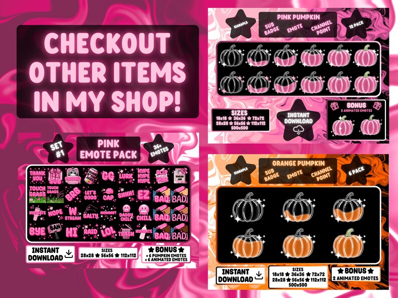 Op de afbeelding: Digitale downloadgraphics met roze en oranje pompoen emotes, sub badges en channel points. De afbeelding bevat de tekst "CHECKOUT OTHER ITEMS IN MY SHOP!" en "INSTANT DOWNLOAD".