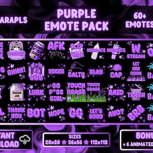 Könnte beinhalten: Ein lila Emote-Paket mit über 60 Emotes, darunter Sätze wie "Hype", "Oops" und "LOL". Das Design zeigt verschiedene Grafiken und Texte mit Größen von 28x28, 56x56 und 112x112. Enthält einen Bonus von 6 animierten Emotes.