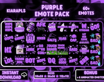 60+ paarse girly Twitch & Discord-emotes + geanimeerde BONUSSEN | Leuk kawaii pastel emotepakket voor streamers | Direct downloaden
