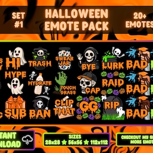 Op de afbeelding: Een Halloween Emote Pack met diverse griezelige graphics, waaronder geesten, schedels en pompoenen. Het pack bevat zinnen als "That's Crazy", "Hi" en "Bye". De afbeelding toont ook de beschikbare maten.