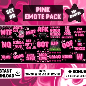 Op de afbeelding: Roze Emote Pack met diverse tekstgebaseerde emotes, waaronder "WTF", "Good Vibes" en "Toxic". Het ontwerp heeft een zwarte achtergrond met roze tekst en accenten, en bevat een bonus van 6 geanimeerde emotes.