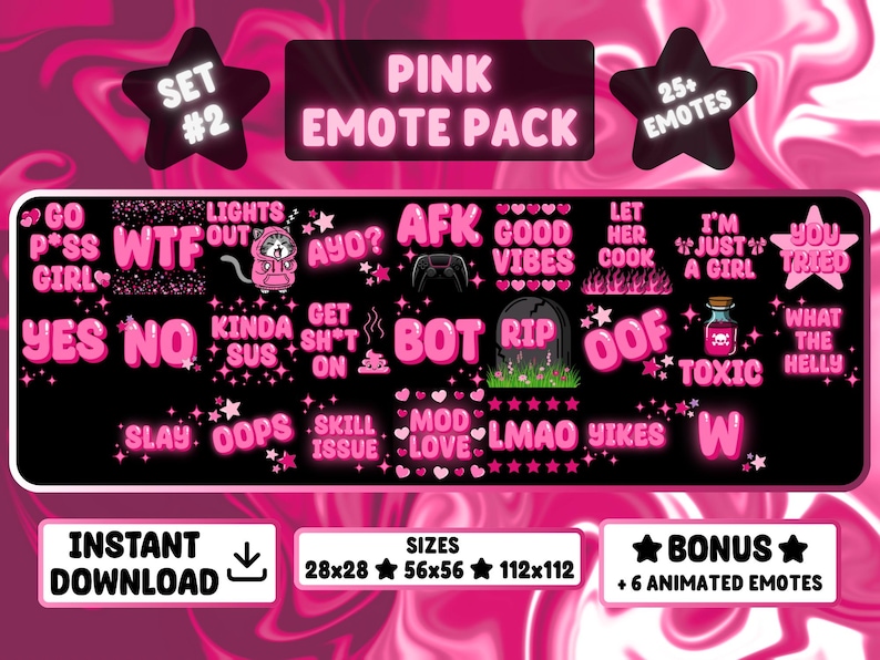 Op de afbeelding: Roze Emote Pack met diverse tekstgebaseerde emotes, waaronder "WTF", "Good Vibes" en "Toxic". Het ontwerp heeft een zwarte achtergrond met roze tekst en accenten, en bevat een bonus van 6 geanimeerde emotes.
