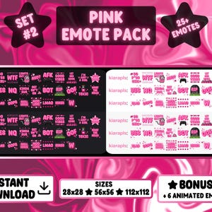 Op de afbeelding: Roze emote-pakket met meer dan 25 emotes, waaronder geanimeerde. Het pakket bevat verschillende tekstgebaseerde emotes in roze en wit, met formaten van 28x28, 56x56 en 112x112. Het ontwerp bevat steraccenten en de tekst "PINK EMOTE PACK".