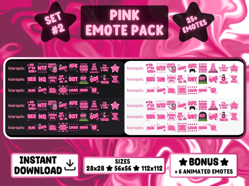 Op de afbeelding: Roze emote-pakket met meer dan 25 emotes, waaronder geanimeerde. Het pakket bevat verschillende tekstgebaseerde emotes in roze en wit, met formaten van 28x28, 56x56 en 112x112. Het ontwerp bevat steraccenten en de tekst "PINK EMOTE PACK".