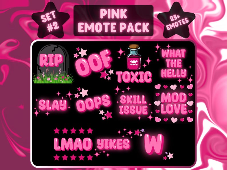 Op de afbeelding: Roze emoticonpakket met diverse tekstafbeeldingen, waaronder "RIP", "OOF", "TOXIC", "SLAY", "OOPS", "SKILL ISSUE", "MOD LOVE", "LMAO", "YIKES" en "W". Het pakket bevat ook sterren en harten.