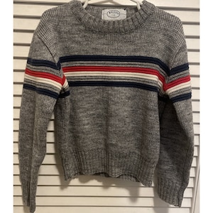 Vtg  IZOD J.G. Boys Size 6 Gray Striped Red White Blue Acrylic Sweater Pullover
