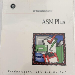 May include: A white package with the GE logo and the text "GE Information Services" at the top. The title "ASN Plus" is centered. Below is a colorful graphic of office supplies. The bottom reads "Productivity. It's All We Do."