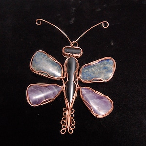 Butterfly Wall Hanging Made From Lapis Lazuli, Chevron Amethyst, Obsidian and Copper Wire