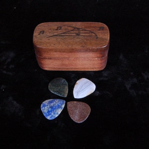 Box of Four Stone Guitar Picks in a Hand Made Wooden Holder
