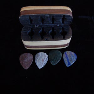 Box of Four Stone Guitar Picks in a Hand Made Wooden Holder