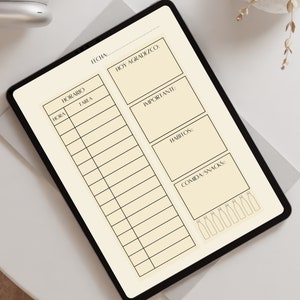 May include: A digital planner on a tablet with a cream background. The planner includes sections for a daily schedule, gratitude, important tasks, habits, and food/snacks.